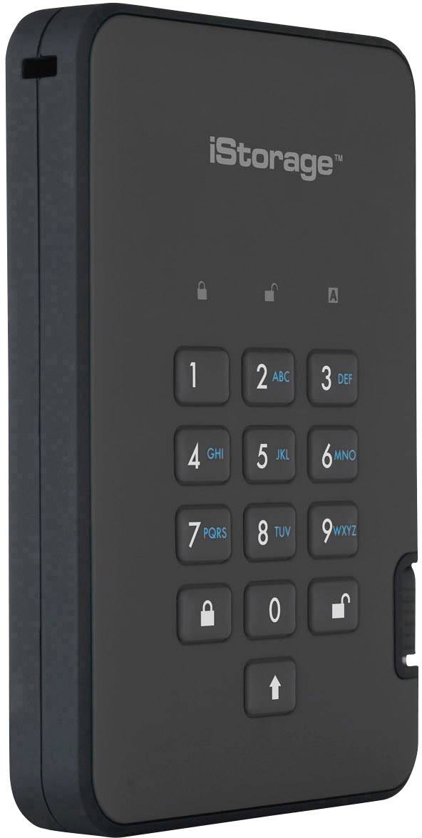 Externe schwarze Festplatte mit einer numerischen Tastatur auf der Vorderseite zur Eingabe von PINs. Marke 'iStorage'.