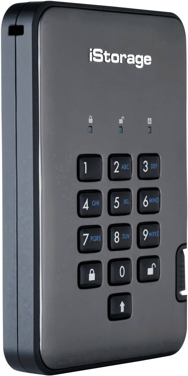 Externe Festplatte mit schwarzem Gehäuse und Zahlentastatur für sicheren Zugang über PIN-Code. Markiert mit 'iStorage'.