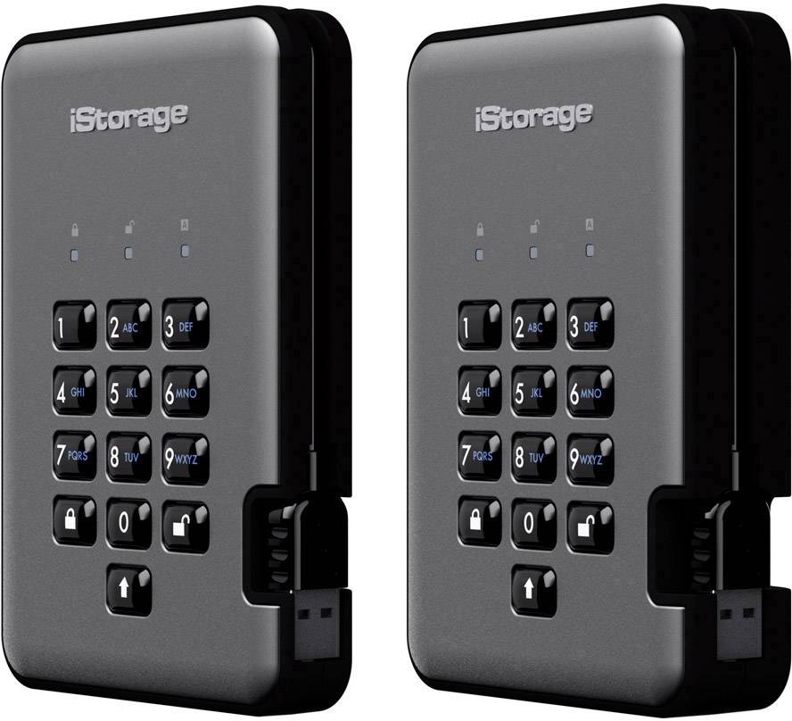 Zwei tragbare iStorage-Festplatten mit Zahlenschloss, schwarzes Gehäuse, zur sicheren Datenspeicherung.