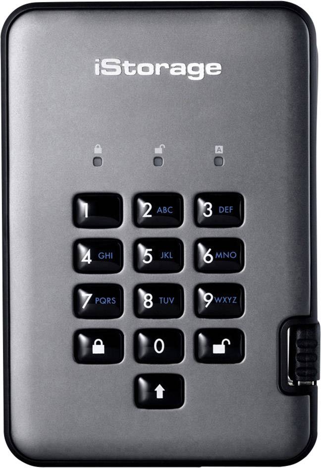 Externe Festplatte mit Zahlenschloss, Tasten 0-9 und Buchstaben, Marke 'iStorage', Sicherheits- und Datenschutzsymbolik oben.