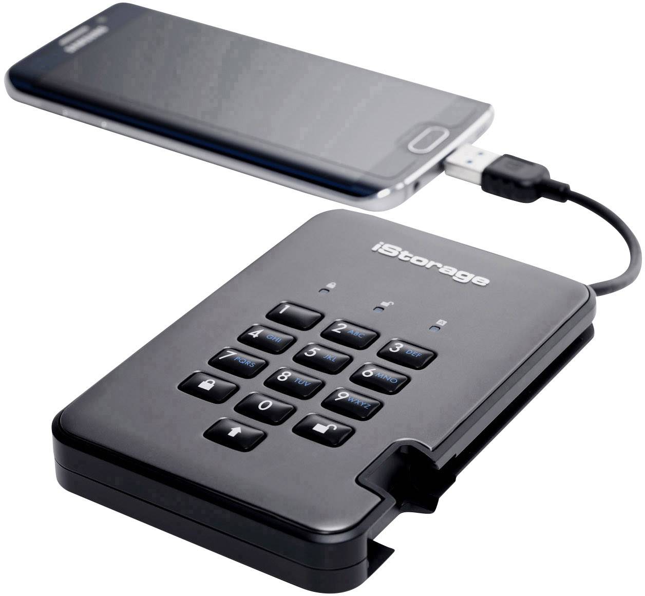 Externe Festplatte mit Tastenfeld und USB-Verbindung zu einem Smartphone. Sicherheitsmerkmal durch numerische Eingabe.