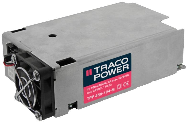 Netzteilmodul mit Lüfter, Traco Power-Logo, Beschriftungen zu Eingang: 100-240VAC, Ausgang: 24VDC. Modellnummer TPP 450-124-M.