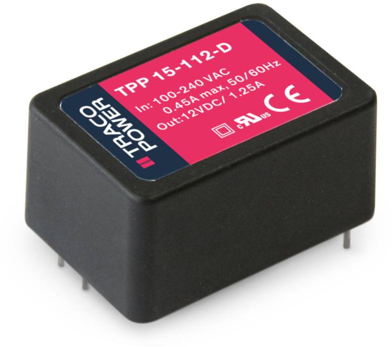 Rechteckiges schwarzes Elektronikmodul mit der Aufschrift 'TRACO POWER TPP 15-112-D'. Es zeigt Eingang: '100-240 VAC', Ausgang: '12VDC/1,25A'.