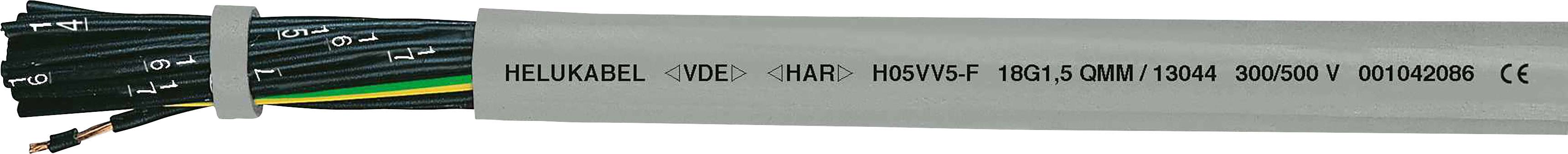 Graues Kabel mit schwarzem, grünem und gelbem Innenkabel, bedruckt mit technischen Spezifikationen und CE-Kennzeichnung.