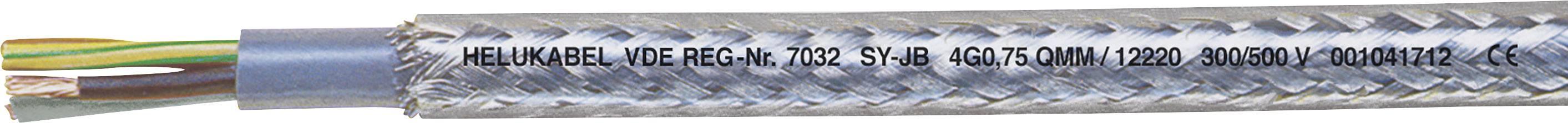 Nahaufnahme eines mehradrigen Kabels mit geflochtenem Schutzmantel und aufgedruckter Spezifikation: 'HELUKABEL, VDE Reg.-Nr., SY-GO'.<br><br>