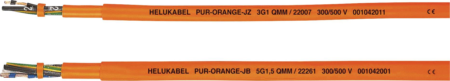 Zwei orange Helukabel, oben: 'PUR-ORANGE-YC 3G1,0MM² 300/500V', unten: 'PUR-ORANGE-JB 5G1,5MM² 300/500V', CE-Zeichen sichtbar.