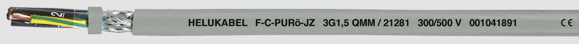 Eine graue Kabelummantelung mit Aufschrift 'HELUKABEL F-C-PUR-4G1.5 300/500V'. Das Kabelende zeigt mehrere bunte Adern.