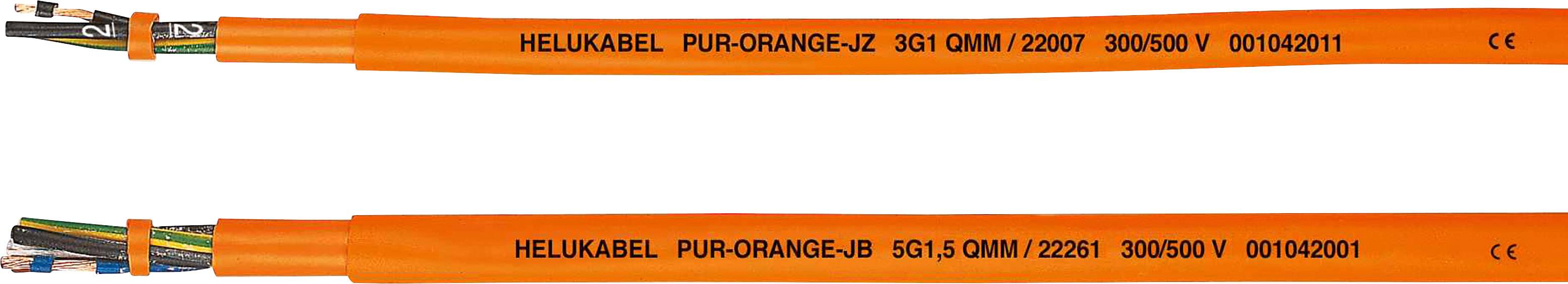 Zwei orangefarbene Helukabel, jeweils mit Beschriftung: 'HELUKABEL PUR-ORANGE' und Kabelspezifikationen, zeigen verschiedene Modelle.