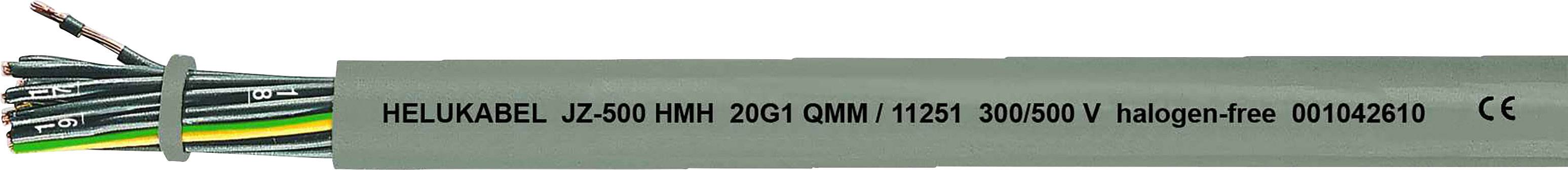 Graues Helukabel mit Aufschrift 'HELUKABEL JZ-500 HMH 2G1 0MM² 11251 300/500 V halogen-free 001042610 CE'. Kabel hat viele bunte Drähte.