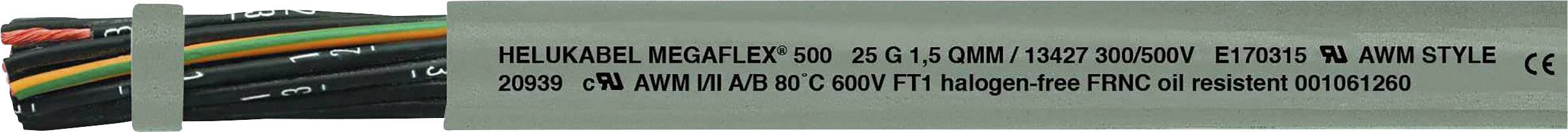 Mehradriges Kabel mit der Aufschrift 'Helukabel MegaFlex 500.' Geeignet für 300/500V, halogenfrei gemäß FRNC Standard.