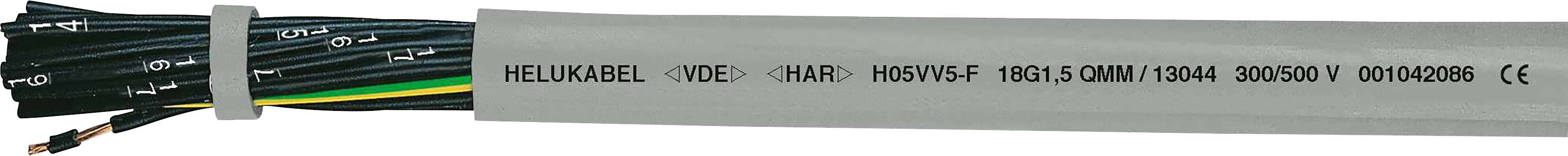 Graues Kabel mit schwarzer Aufschrift 'HELUKABEL...'. Mehrere dünne Kabeln sind im Kabelmantel sichtbar.