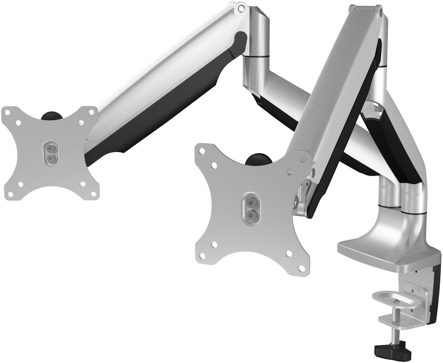 Monitorhalterung mit zwei verstellbaren Armen, die an einem Tisch befestigt sind. Geeignet für ergonomische Arbeitsplatzanpassung.