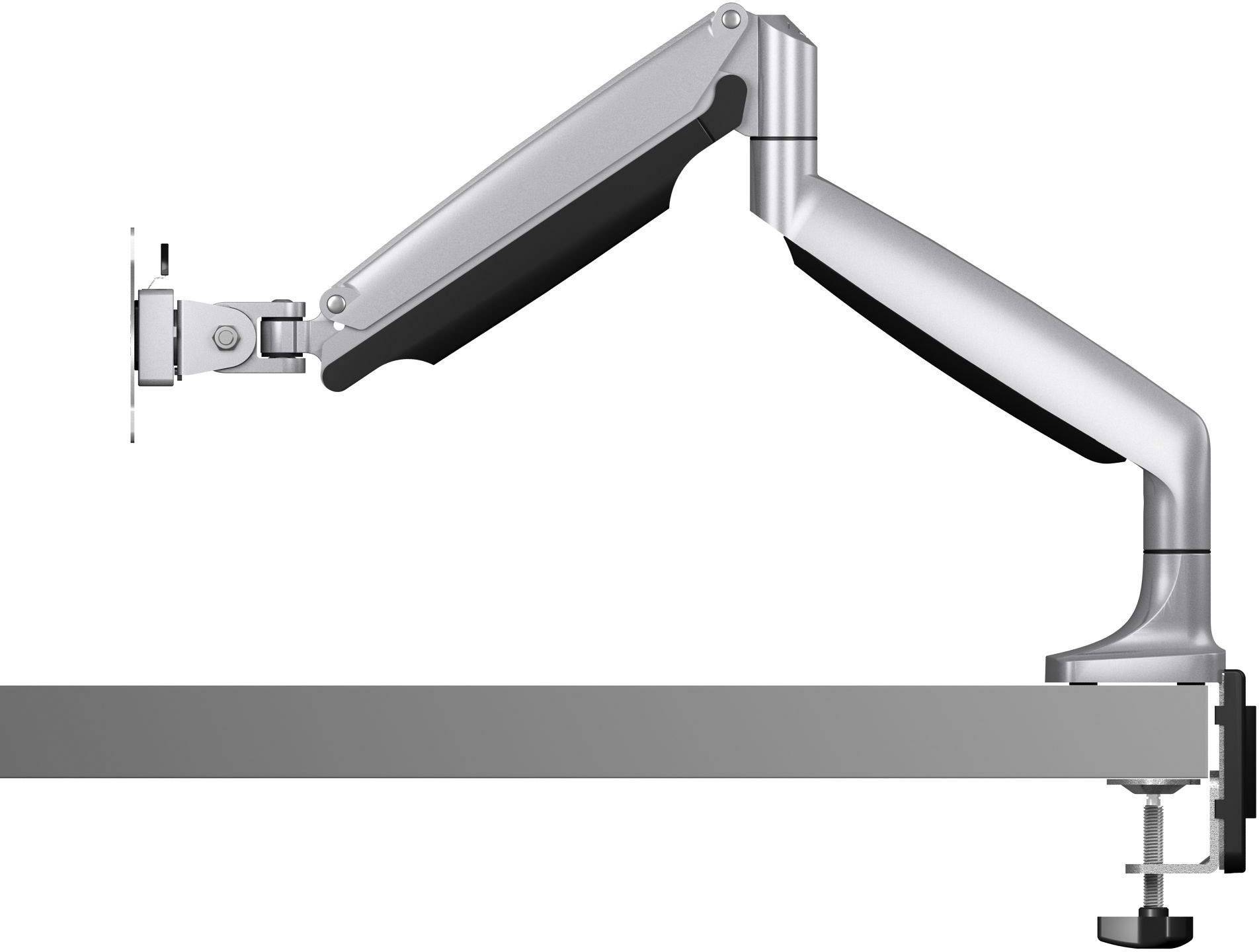 Ein verstellbarer Monitorarm aus Metall ist seitlich an einem Tisch befestigt. Er hat Gelenke für flexible Positionierung.