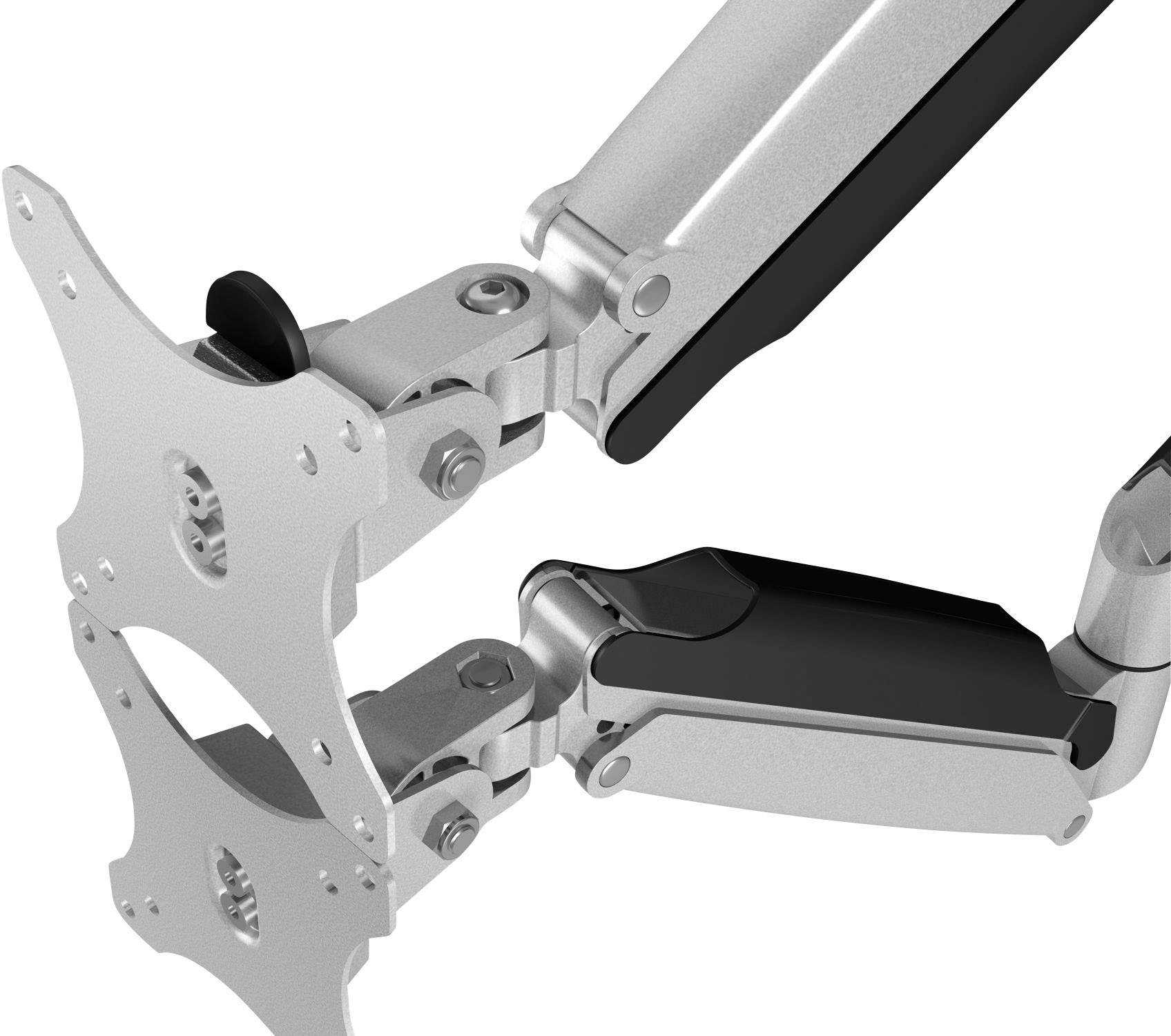 Ein verstellbarer Monitorarm aus Metall mit Scharnieren. Er ermöglicht die flexible Positionierung von Computerbildschirmen.