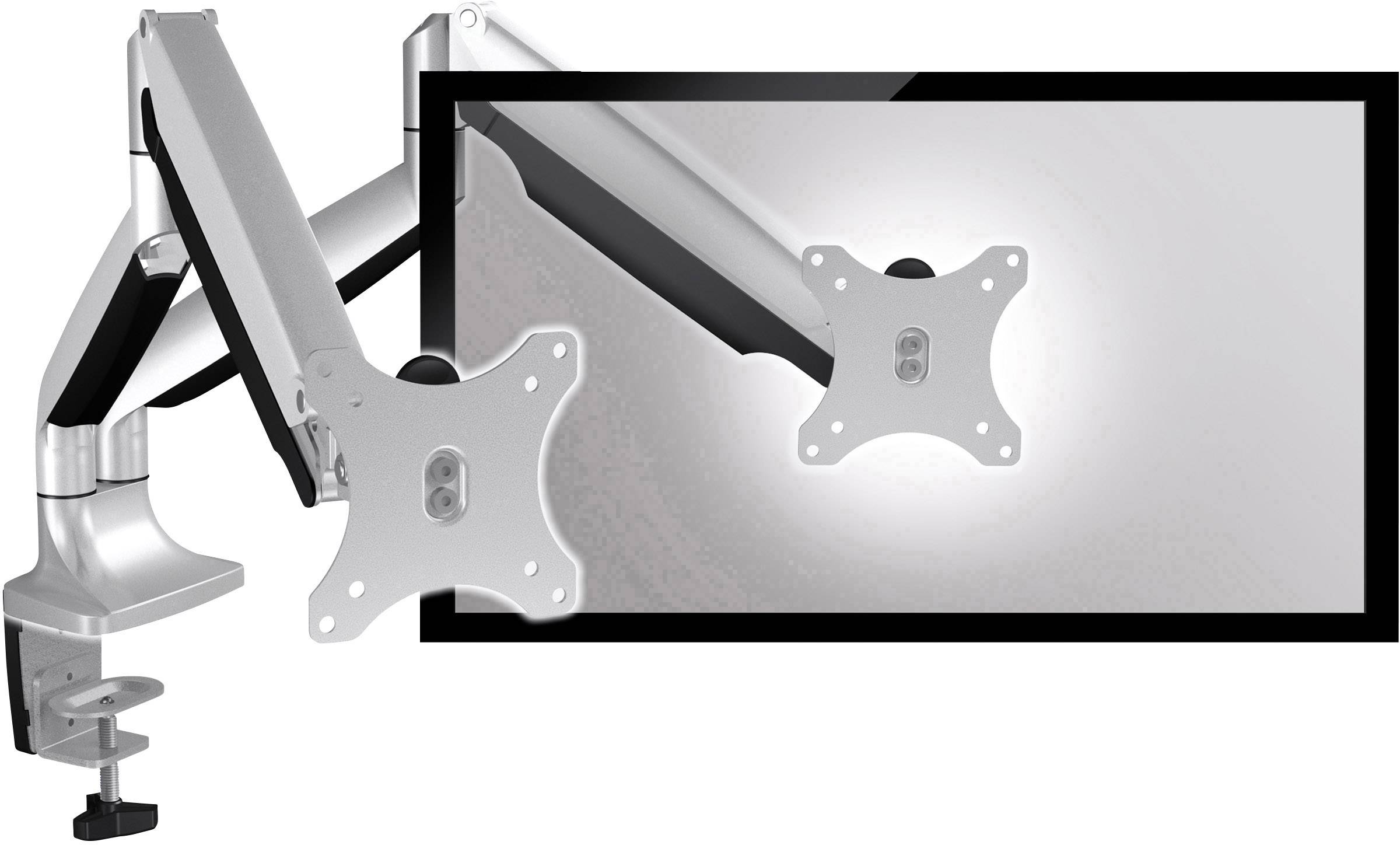 Metallener Monitorarm mit einstellbarem Gelenk zur Befestigung eines Bildschirms an der Tischkante. Geeignet für ergonomische Arbeitsplätze.