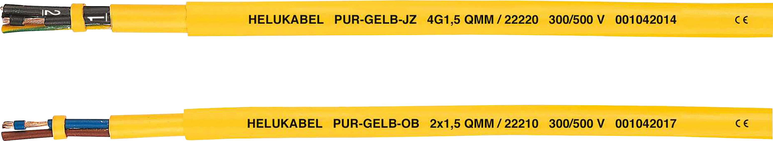 Zwei gelbe Helukabel mit Aufschrift 'HELUKABEL PUR-GELB-JZ' und 'HELUKABEL PUR-GELB-OB'. Spannung: 300/500 V.