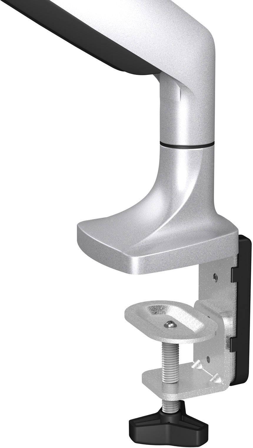 Silberner Monitorhalter, mit Klemme zur Befestigung an einer Tischkante. Der Halter ermöglicht Höhenverstellung des Monitors.