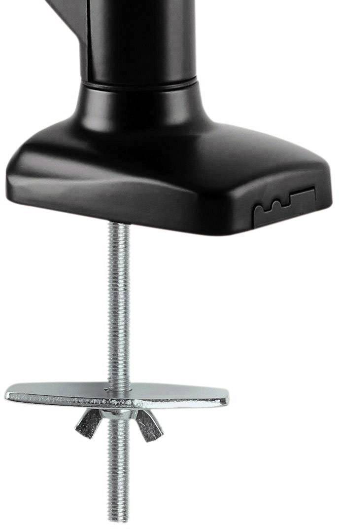 Klemmhalterung eines Monitorarms mit Schraube an einem Tisch befestigt.