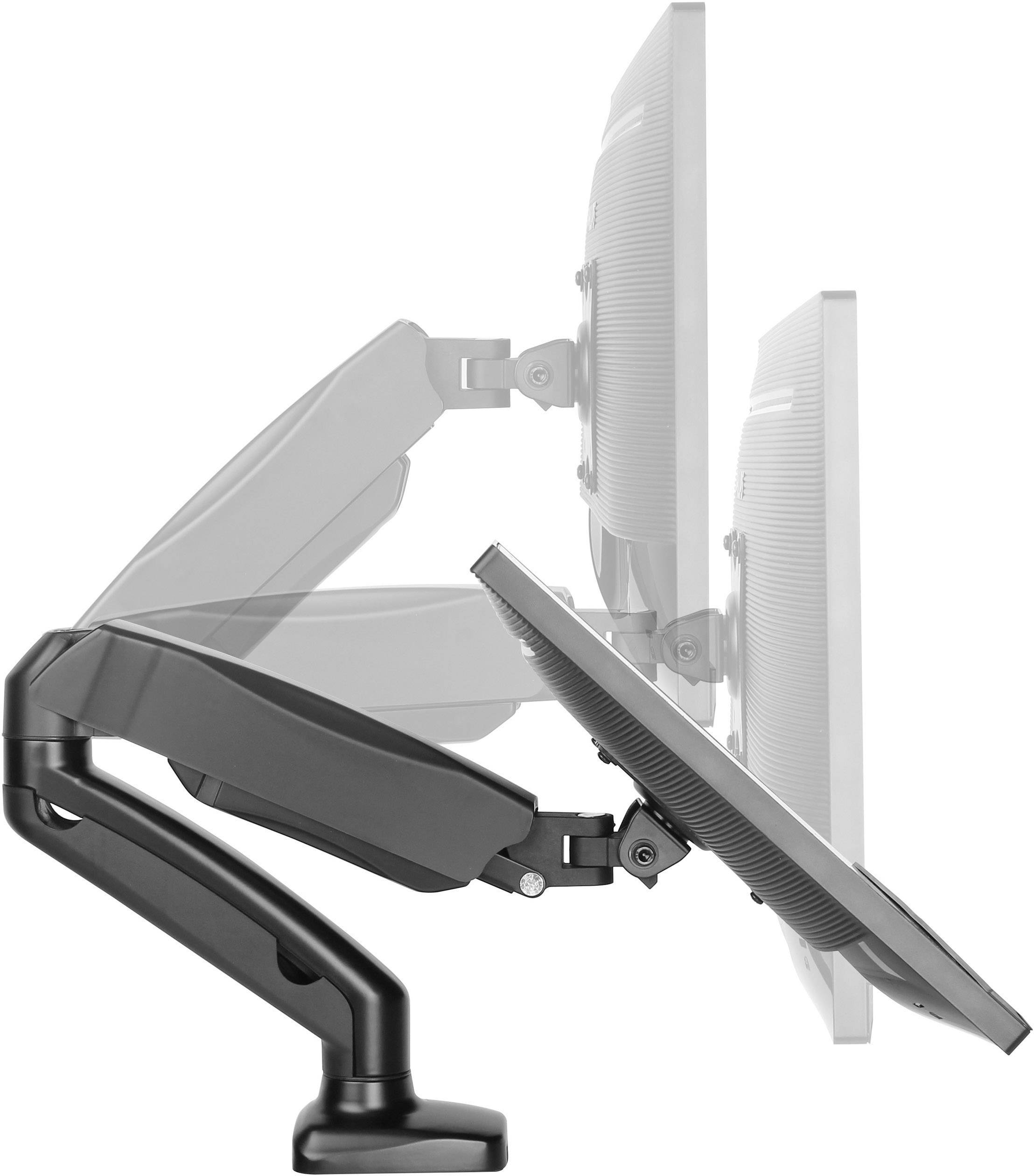 Doppelter Monitorarm zeigt verschiedene Neigungswinkel eines Monitors. Verstellbarkeit und Flexibilität werden veranschaulicht.