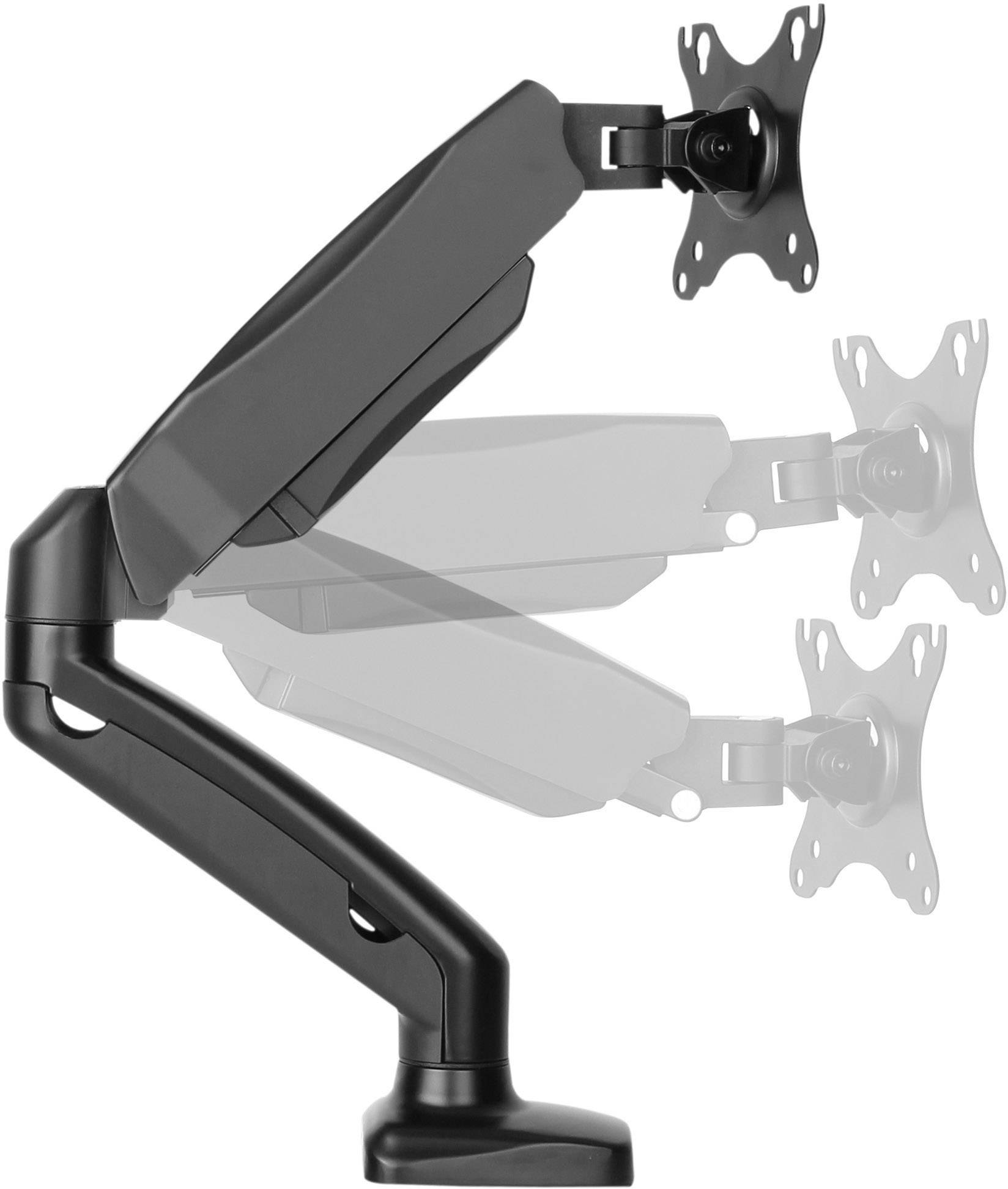 Schwenkbarer Monitorarm aus schwarzem Metall, zeigt dreistufige Höhenverstellung von der Basis bis zur VESA-Halterung.