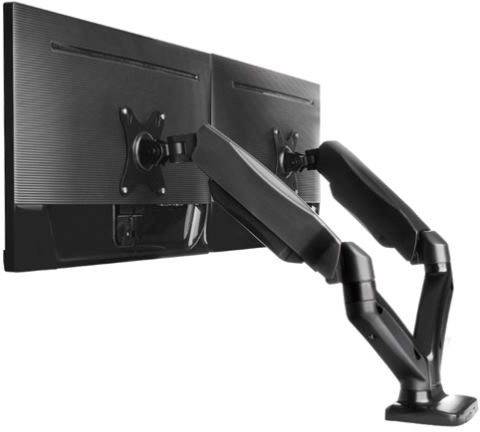 Zwei Computerbildschirme auf einem dualen Monitorarm, der flexibles Neigen und Drehen ermöglicht, um bessere Ergonomie zu bieten.
