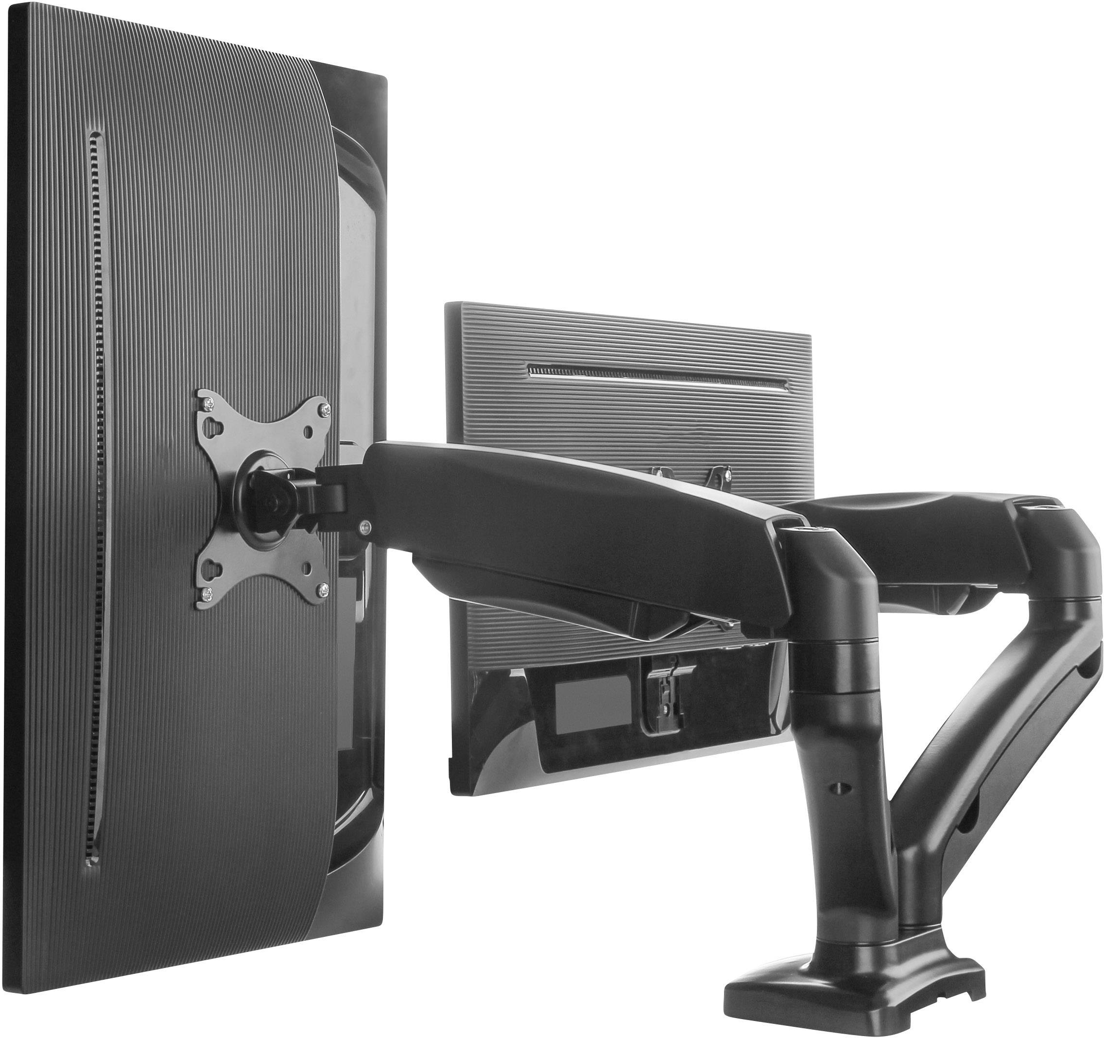Zwei schwarze Computermonitore an einem verstellbaren Doppelschwenkarm, der Flexibilität und Neigungseinstellung bietet.