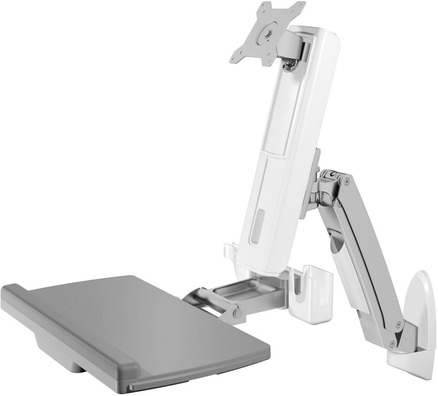 Ein weißer, verstellbarer Monitorarm mit grauem Tastaturtablett, geeignet für ergonomische Arbeitsplätze.