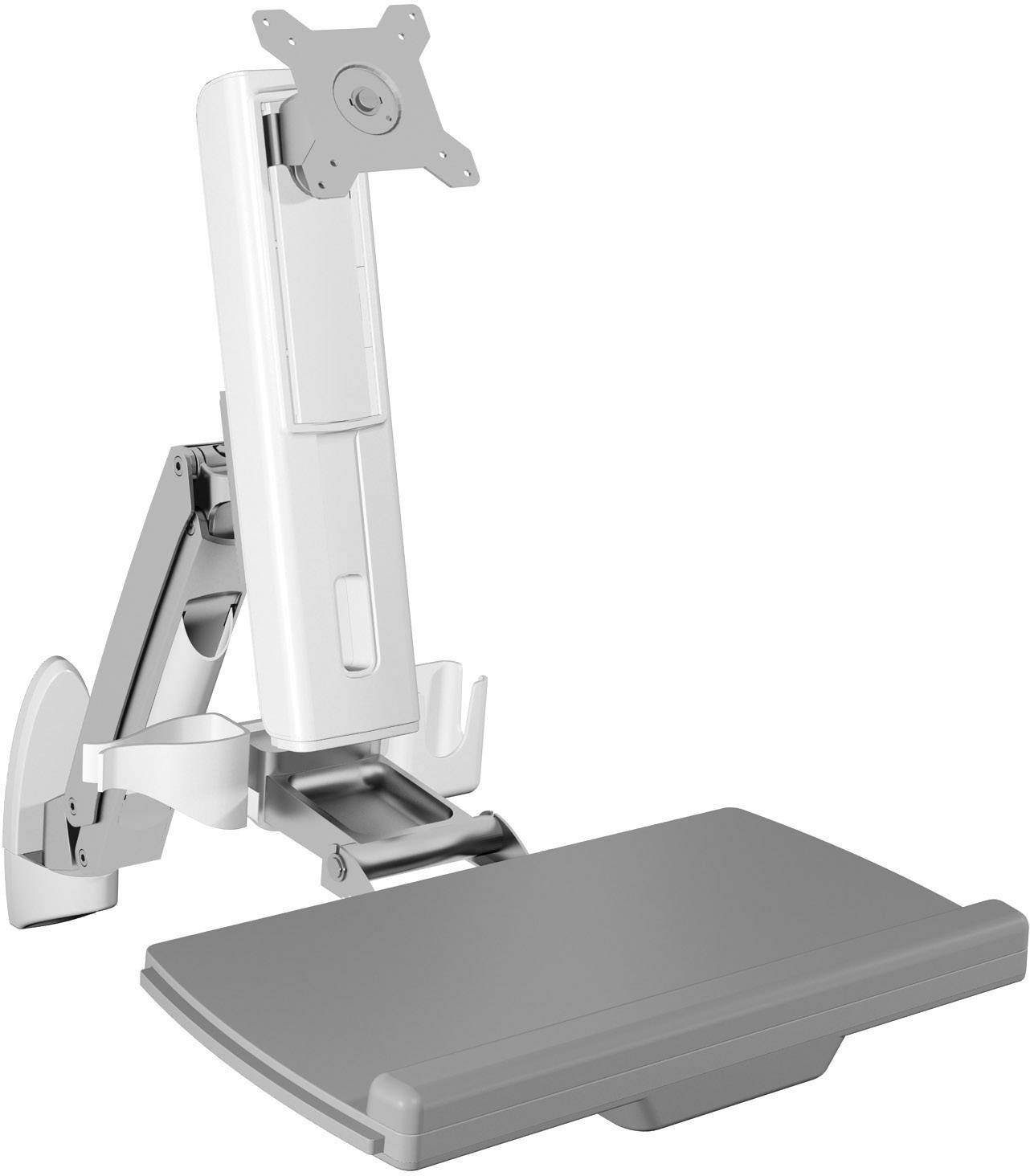 Ein verstellbarer Monitorarm mit einer befestigten Ablagefläche, ideal zur ergonomischen Anpassung von Bildschirm und Tastatur.
