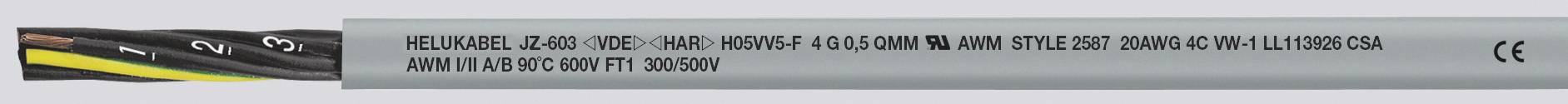 Ein Kabel mit den Aufdrucken 'H05VV-F 3G1.0mm²', '450/750V', und CE-Zeichen. Drahtisolierungen in Schwarz, Blau, Grün-Gelb.