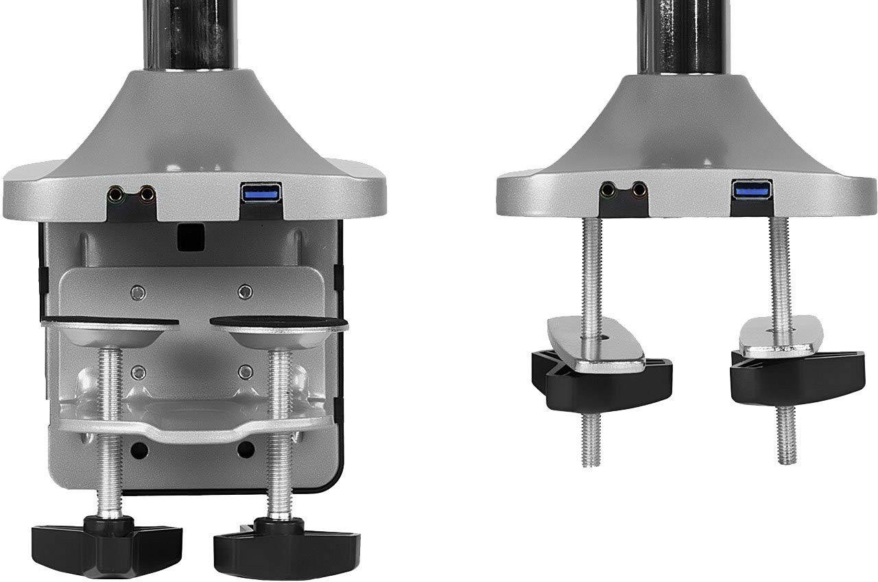 Zwei Tischhalterungen mit Klemmen und USB-Anschlüssen in Silber und Schwarz. Links montiert, rechts in Einzelteilen dargestellt.