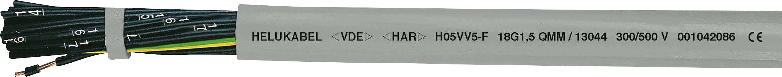 Graues Kabel mit schwarzem Innenleben, aufgedruckt mit 'HELUKABEL H05VV5-F 1GF 1.5 QMM/1034 V 300/500 V' und CE-Zeichen.