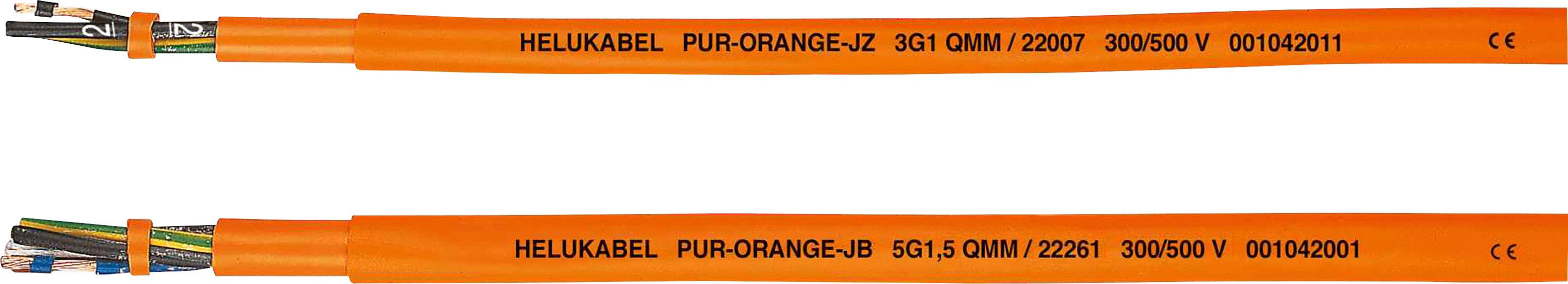 Zwei orange ummantelte Kabel mit der Aufschrift 'HELUKABEL PUR-ORANGE JZ JB', unterschiedliche Aderanzahl und Spezifikationen.