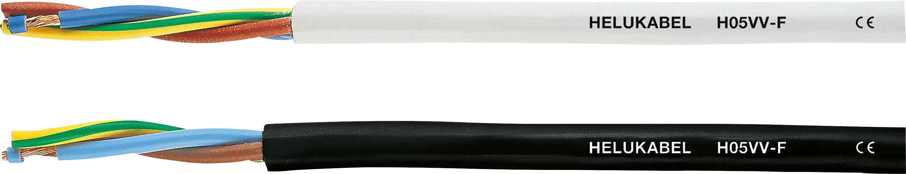 Zwei Elektrokabel mit farbigen Leitern, gekennzeichnet mit 'HELUKABEL H05VV-F', eines mit weißer und eines mit schwarzer Isolierung.