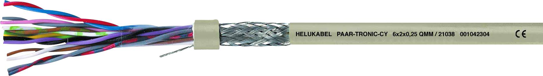 Abgebildet ist ein offenes Kabel mit Geflecht. Auf dem Kabel steht 'HELUKABEL RE-2X(St)Y 6x2x0,25' und CE-Kennzeichnung.