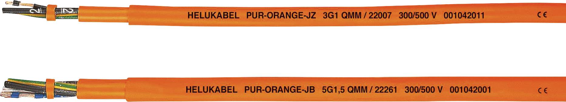 Zwei orange Elektrokabel mit Beschriftung 'HELUKABEL PUR-ORANGE-JZ' und 'HELUKABEL PUR-ORANGE-JB'. Geeignet für 300/500 V.