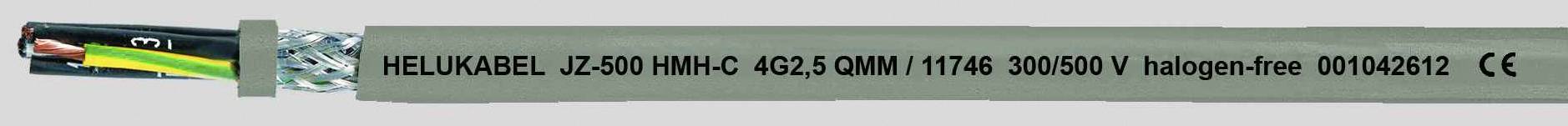 Abbildung eines Kabels mit Aufschrift 'HELUKABEL JZ-500 HMH-C 4G2,5 QMM 1743 600/600 V halogen-free 001049261 CE'. Kabel zeigt Anschlussdrähte.