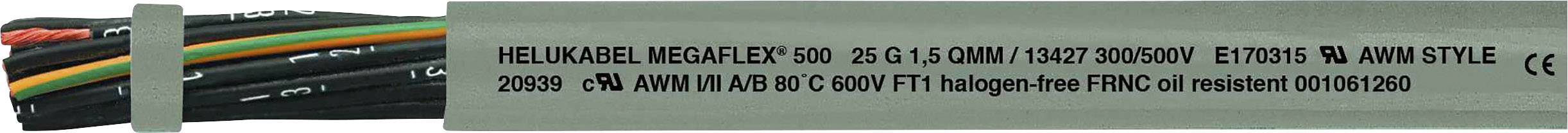 Mehradriges Kabel mit Beschriftung: 'HELUKABEL MEGAFLEX 500 25G1.5' und 'Halogen-Free FRNC oil resistant'. Geeignet für 300/500V.