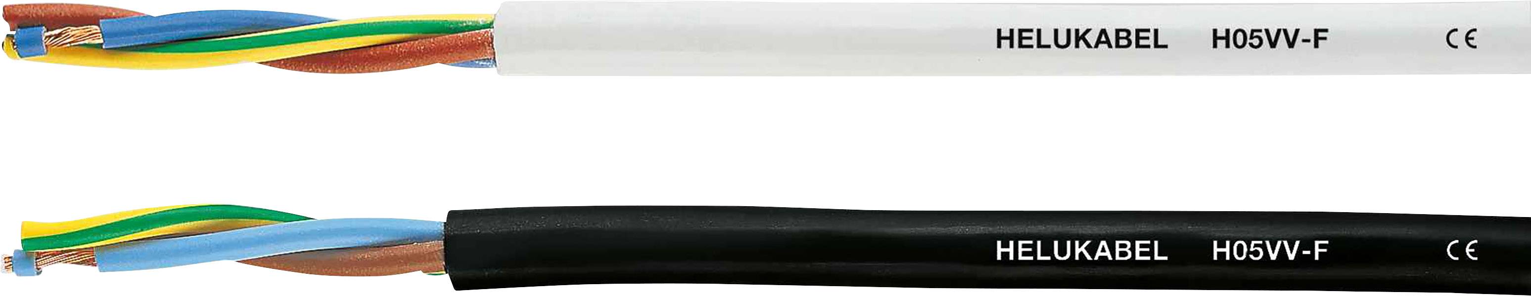 Zwei Kabeltypen, ein weißes und ein schwarzes, beide mit Aufschrift 'HELUKABEL H05VV-F', zeigen isolierte Drähte in verschiedenen Farben.