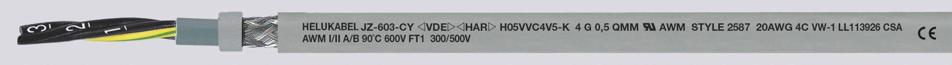 Ein graues Kabel mit einer Textbeschriftung, das CE-zertifiziert ist. Sechs sichtbare innere Adern, darunter eine gelb-grüne Ader für Erdung.