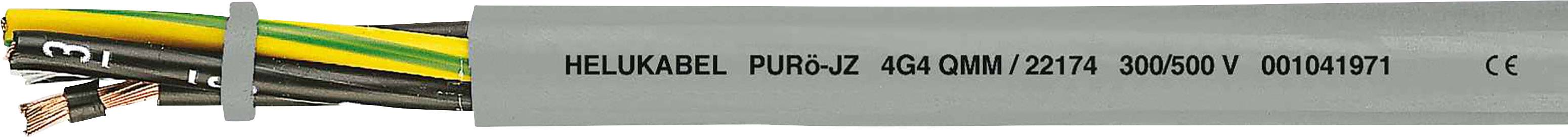 Ein grau ummanteltes Kabel mit gelben, grünen und braunen Drähten. Aufschrift auf dem Kabel: 'HELU KABEL PURö-JZ 4G4 300/500 V'.