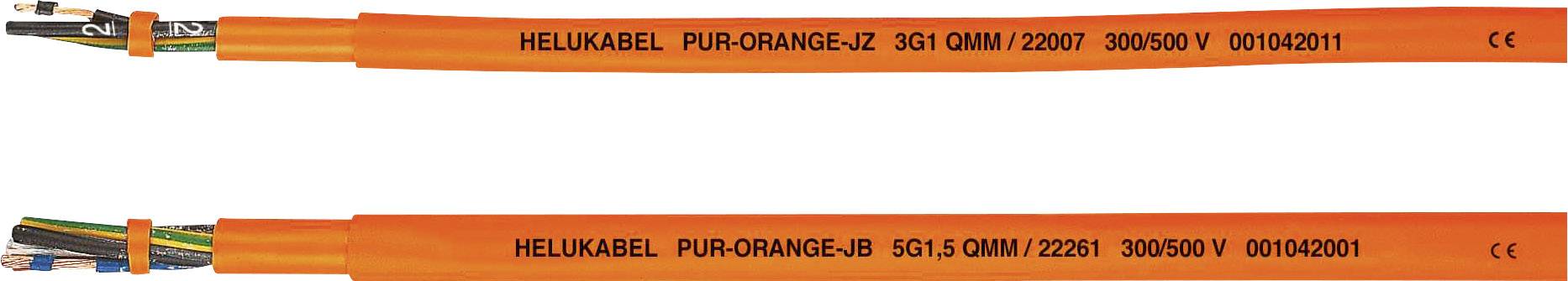 Zwei orangene Kabel mit der Aufschrift 'HELUKABEL PUR-ORANGE-JZ', geeignet für 300/500 V, dargestellt aus zwei Perspektiven.
