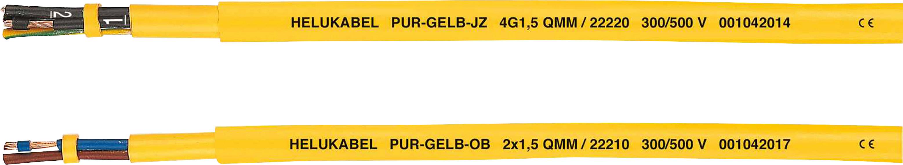 Zwei gelbe Kabel mit der Aufschrift 'HELUKABEL PUR-GELB-JZ' und 'HELUKABEL PUR-GELB-OB', jeweils mit technischen Spezifikationen.