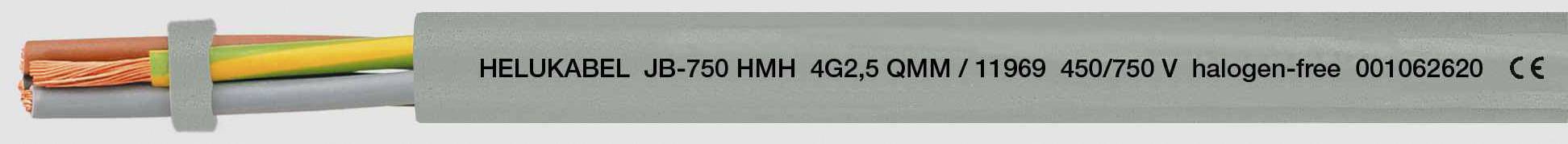 Ein graues Kabel mit der Aufschrift 'HELUKABEL 05-750 NMM 4G2,5 QMM/11999 450/750V halogenfrei 00100290 CE'. Mehrfarbige Drähte sichtbar.