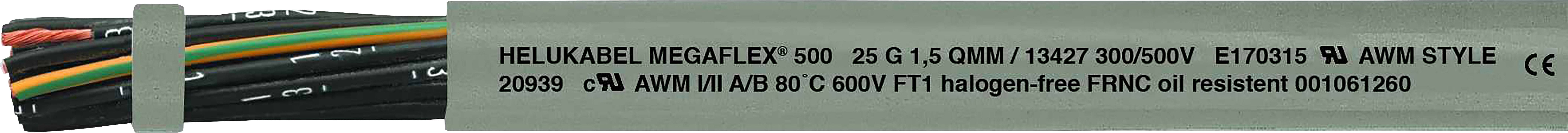 Ein graues Kabel mit verschiedenen farbigen Drähten innen sichtbar. Auf dem Kabel stehen technische Spezifikationen in schwarzer Schrift.