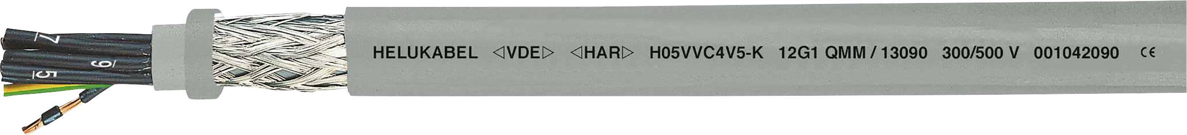 Ein graues Kabel mit Aufschrift 'Helukabel VDE H05VVC4V5K 1250 CMM / 1000 300/500 V 00104000', zeigt Kabeltyp und Spezifikationen.