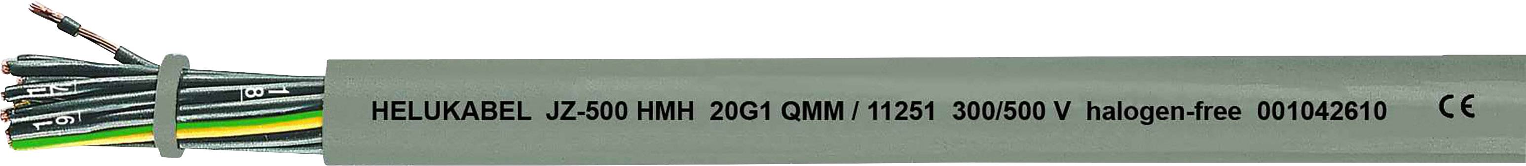 Graues Helukabel mit Aufschrift: 'JZ-500 HMH 2GSI 0MM² / If250 300/500V halogen-free 001043610'. Kabel mit mehreren Drähten.