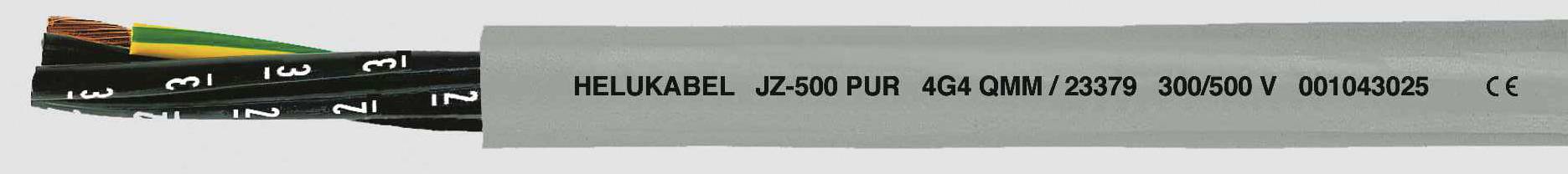 Graues Kabel mit Aufschrift 'HELUKABEL JZ-500 PUR 4G4 0,6/1kV'. Mehradrige Kabelenden sind rechts und links sichtbar.