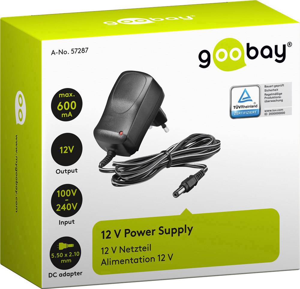 Goobay 57287 Steckernetzteil, Festspannung 12 V 0.6 A 7.2 W