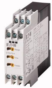 Ein elektronisches Zeitrelais von Eaton, mit mehreren Anschlüssen und einem technischen Diagramm an der Seite, verwendet zur Zeitsteuerung.