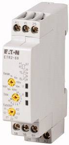 Ein Elektronik-Relaismodul der Marke EATON, Modell ETR2-69, mit mehreren Anschlussklemmen und Einstellrädern zur Steuerung elektrischer Schaltungen.